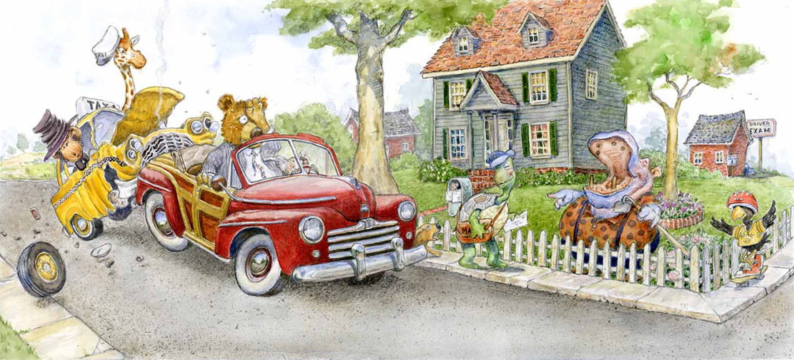 Art:  ‘BUMP IN THE REAR’ (Whimsical car crash with funny animal drivers.)  Humorous original art by artist Jim Harris.